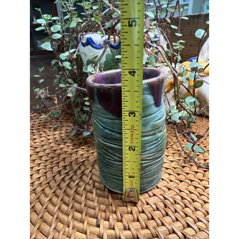 Handcrafted Abstract Terracotta Vase. Maroon, Green, Glossed